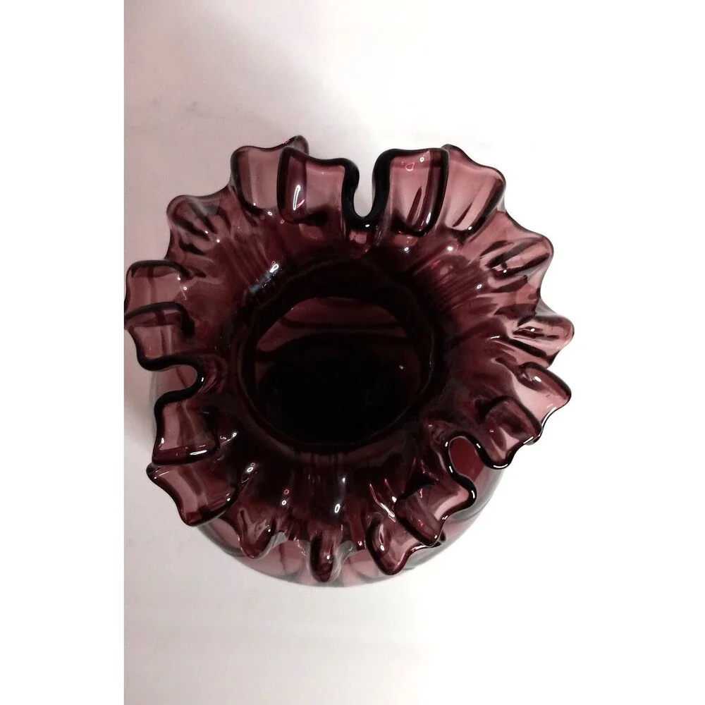 Vintage Hand Blown Amethyst Glass Vase.Ruffled Lip Melon Base